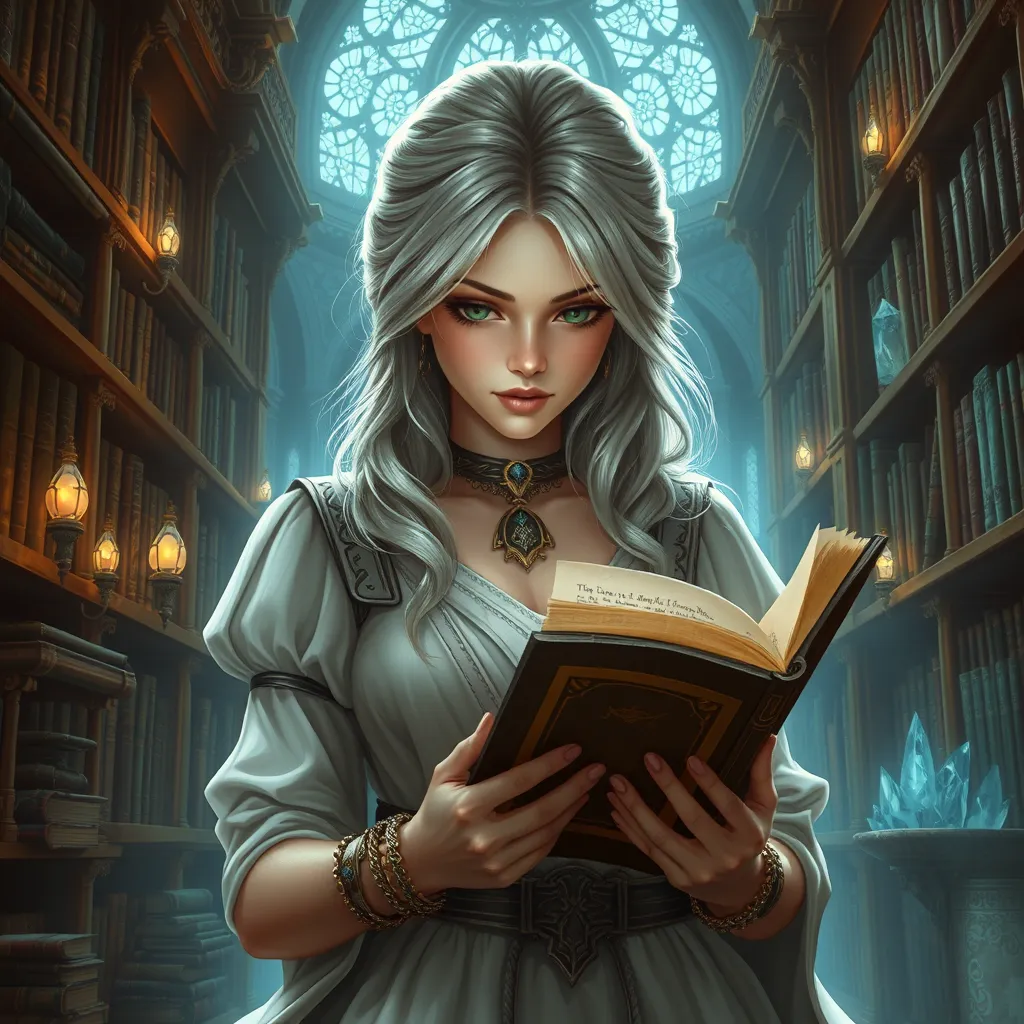 Ciri in a grand library filled with ancient tomes and glowing crystals, her expression focused as she reads an old manuscript