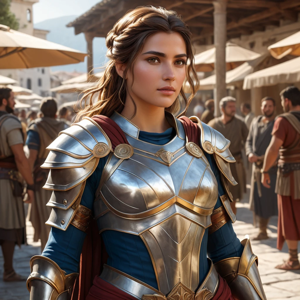 Kassandra in a bustling Greek marketplace, her armor glinting in the sunlight, interacting with various characters, showcasing her charismatic and warrior-like demeanor