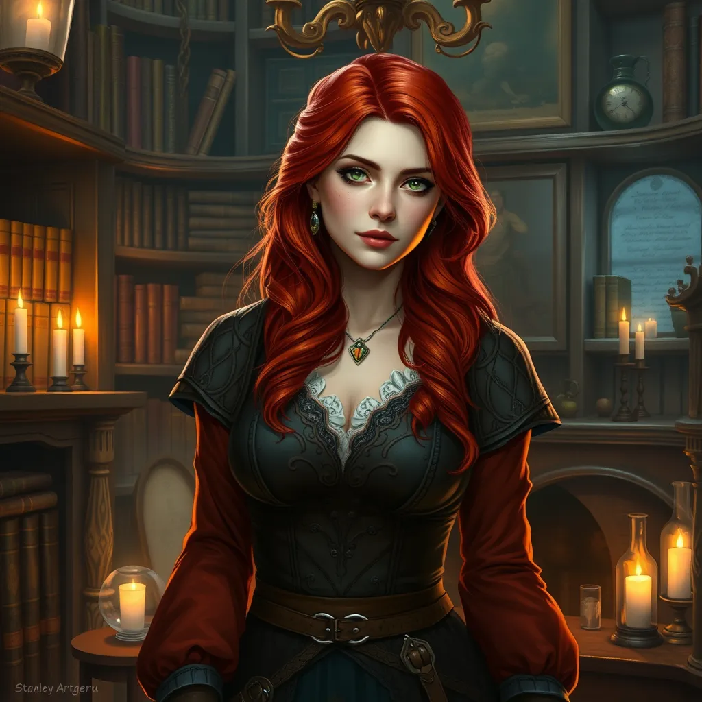 Triss Merigold from The Witcher 3, standing in a cozy, candlelit study filled with books and potions, her red hair cascading over her shoulders