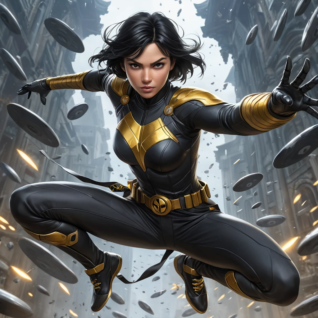 Cassandra Cain in a dynamic pose, mid-leap, surrounded by a flurry of martial arts weapons, her expression focused and intense.