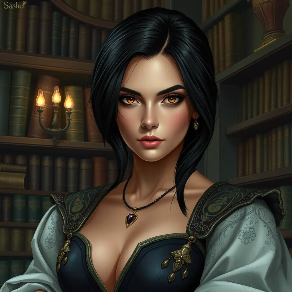 Cassandra Cain in a serene library setting, surrounded by ancient tomes, her eyes conveying a deep sense of wisdom and mystery.