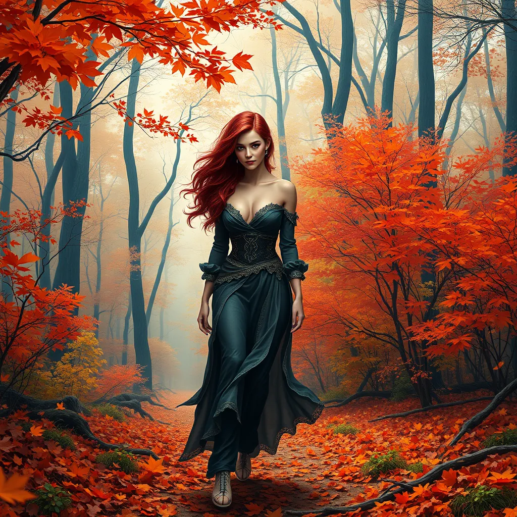 Triss in a vibrant, autumnal forest, her hair matching the fiery colors of the leaves as she walks a leaf-strewn path