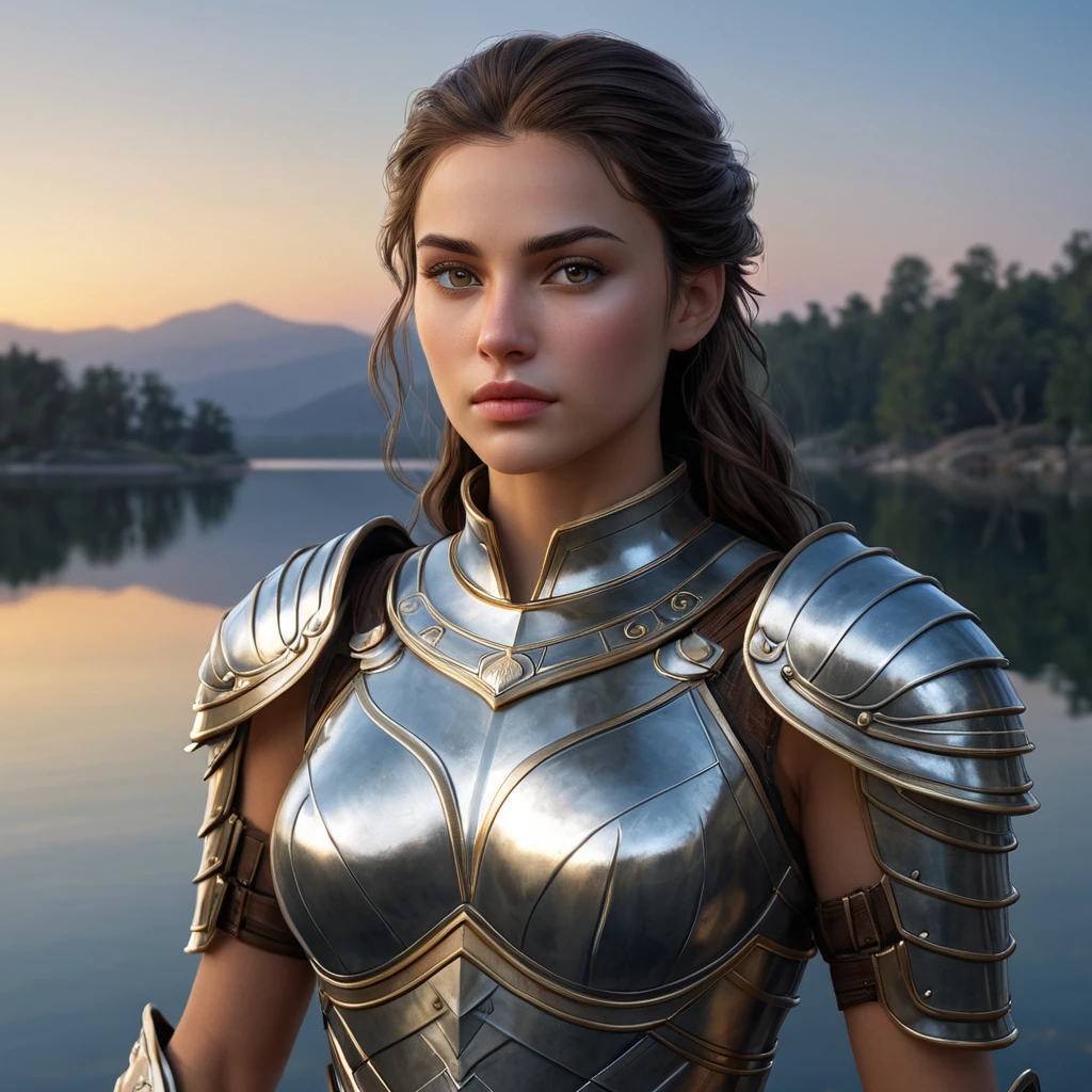 Kassandra on a quiet evening by a serene lake, her armor reflecting the moonlight, creating a peaceful yet powerful portrait of her character