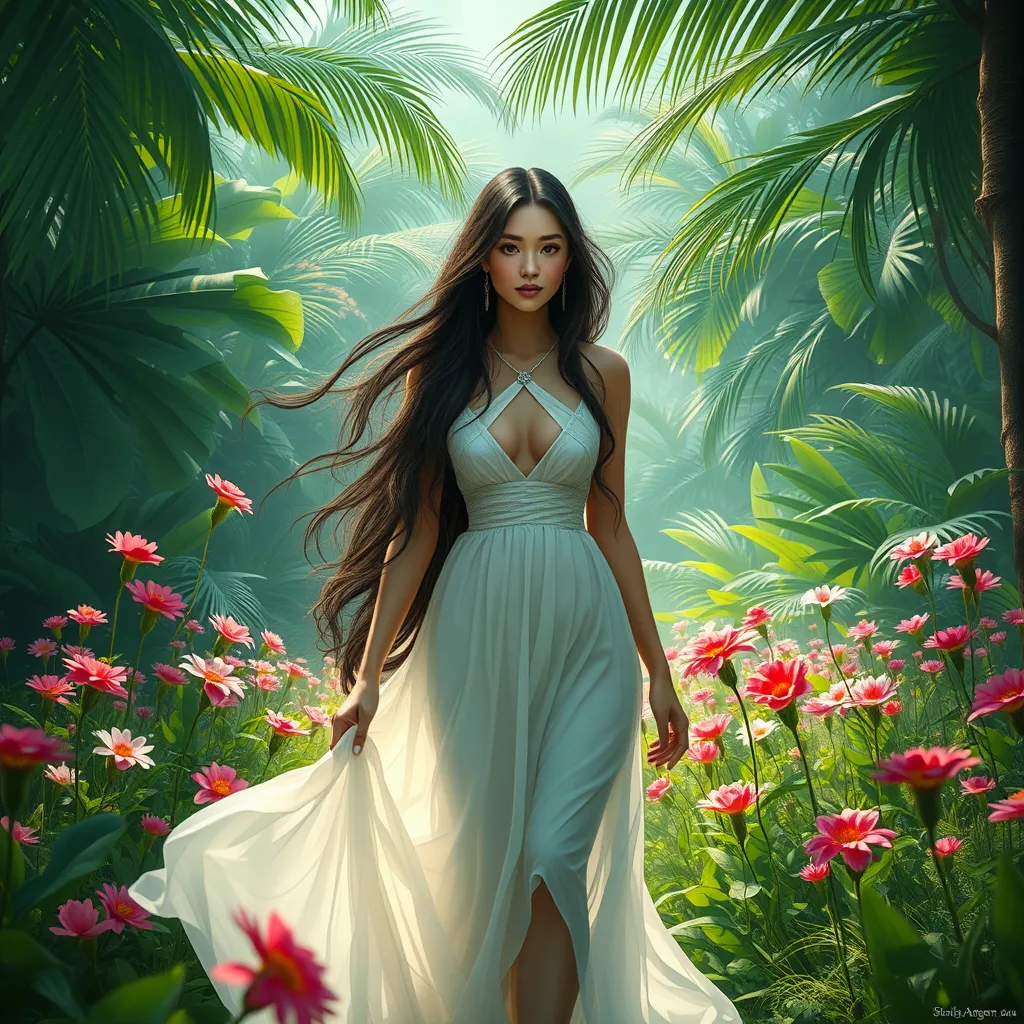 Yennefer in a lush, tropical paradise, her dress light and airy as she walks through a field of flowers