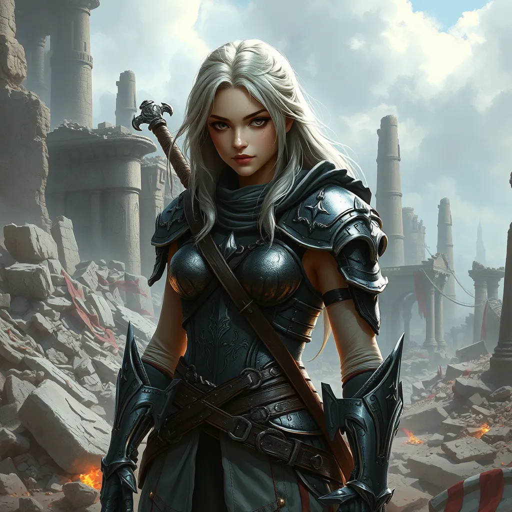 Ciri in a battle-worn armor, standing amidst the ruins of a once-great city, her expression resolute and determined