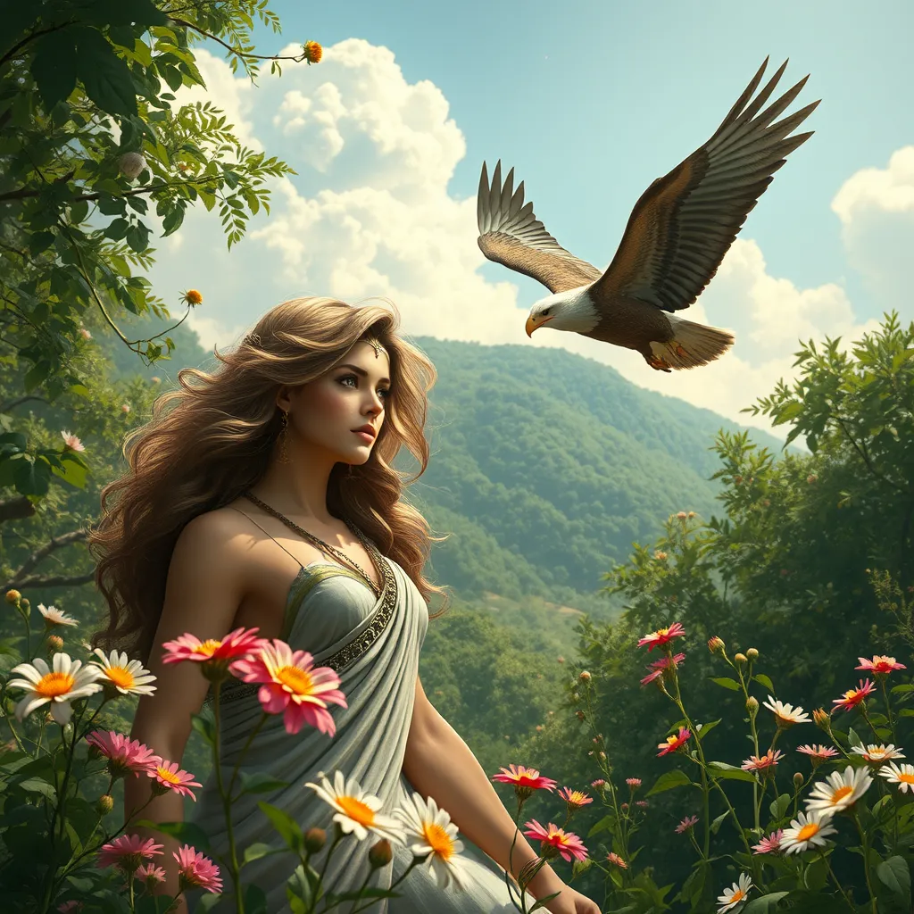 Kassandra in a lush, ancient Greek forest, surrounded by blooming wildflowers, her eagle Ikaros soaring above, capturing the essence of her adventurous spirit