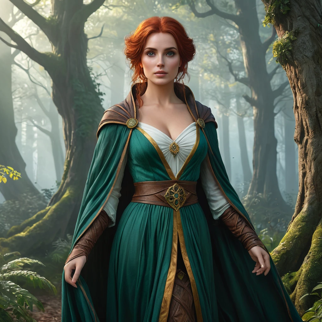 Triss in a misty, enchanted forest, her robes flowing as she walks among ancient trees, her eyes sparkling with magical knowledge