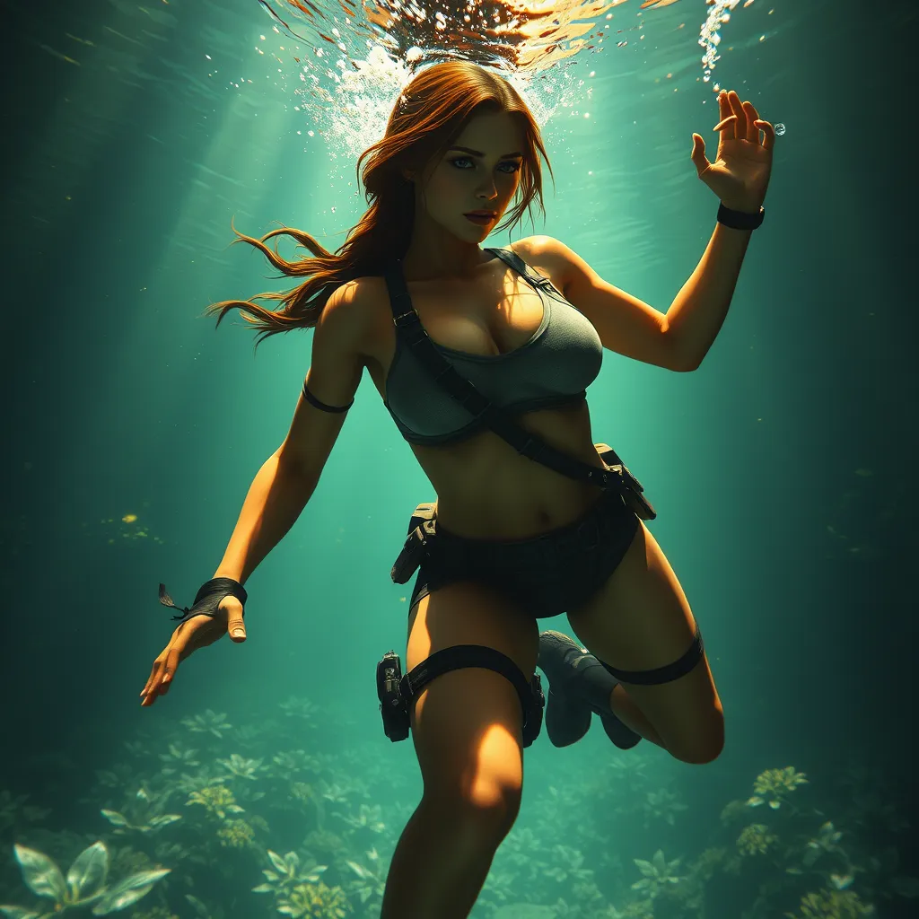 A cinematic shot of Lara Croft swimming underwater, her athletic form highlighted, exploring the submerged ruins of a lost city.