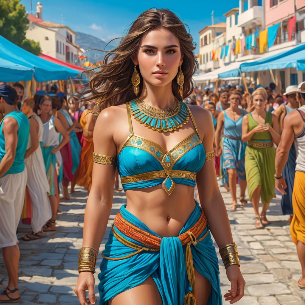 Kassandra in a vibrant, colorful festival in Greece, blending in with the joyous crowd, yet still maintaining her warrior's alertness