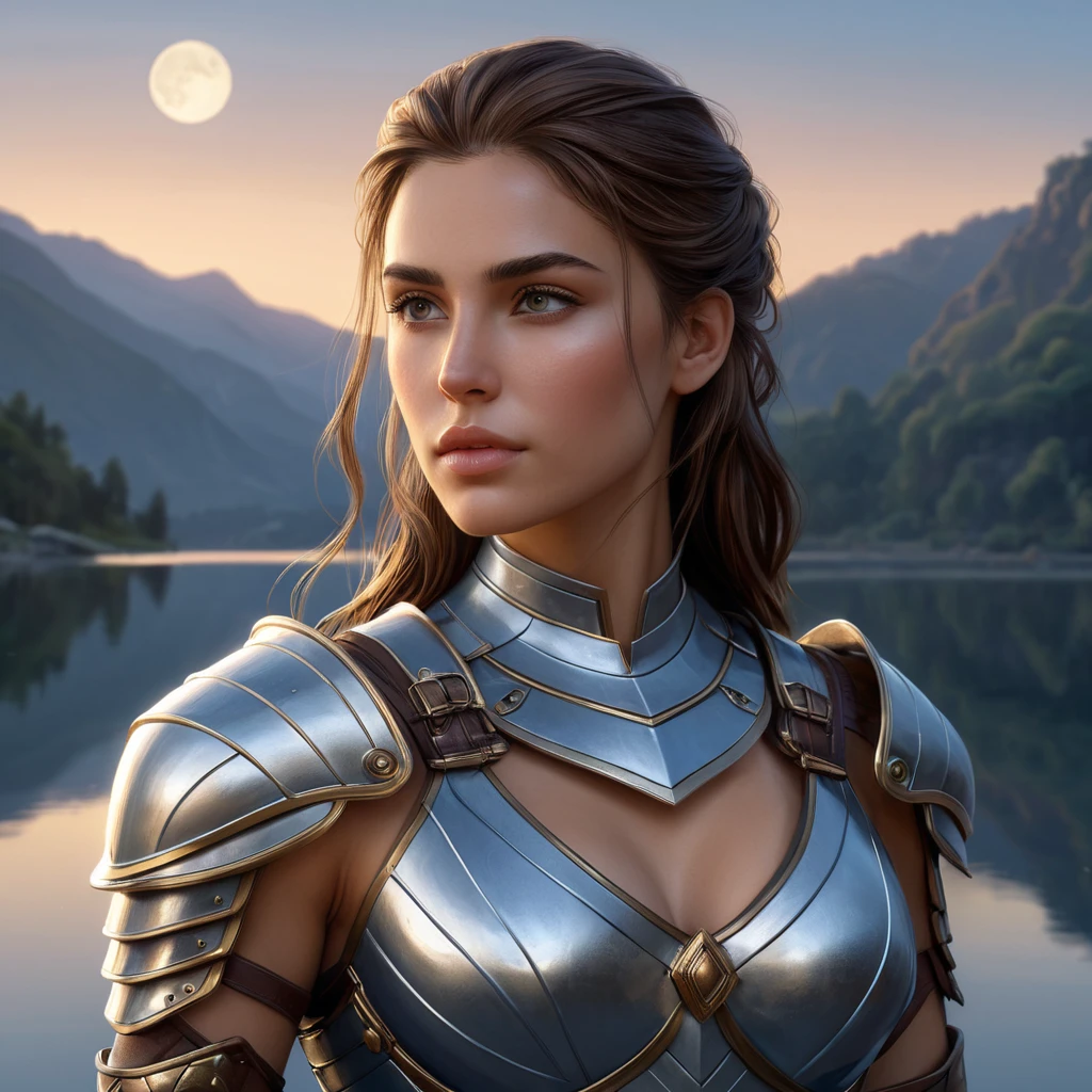 Kassandra on a quiet evening by a serene lake, her armor reflecting the moonlight, creating a peaceful yet powerful portrait of her character