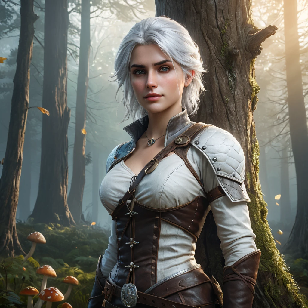 Ciri from The Witcher 3, standing in a misty forest with glowing mushrooms and ancient trees, her silver hair shimmering under the soft light filtering through the leaves