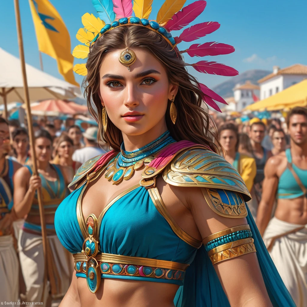 Kassandra in a vibrant, colorful festival in Greece, blending in with the joyous crowd, yet still maintaining her warrior's alertness