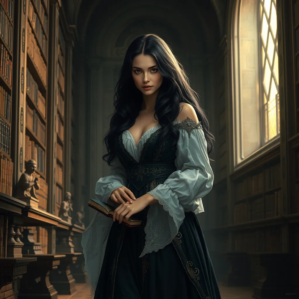 Yennefer in a grand library, her hands gently touching ancient books as she walks, the light from a nearby window casting a soft glow on her face