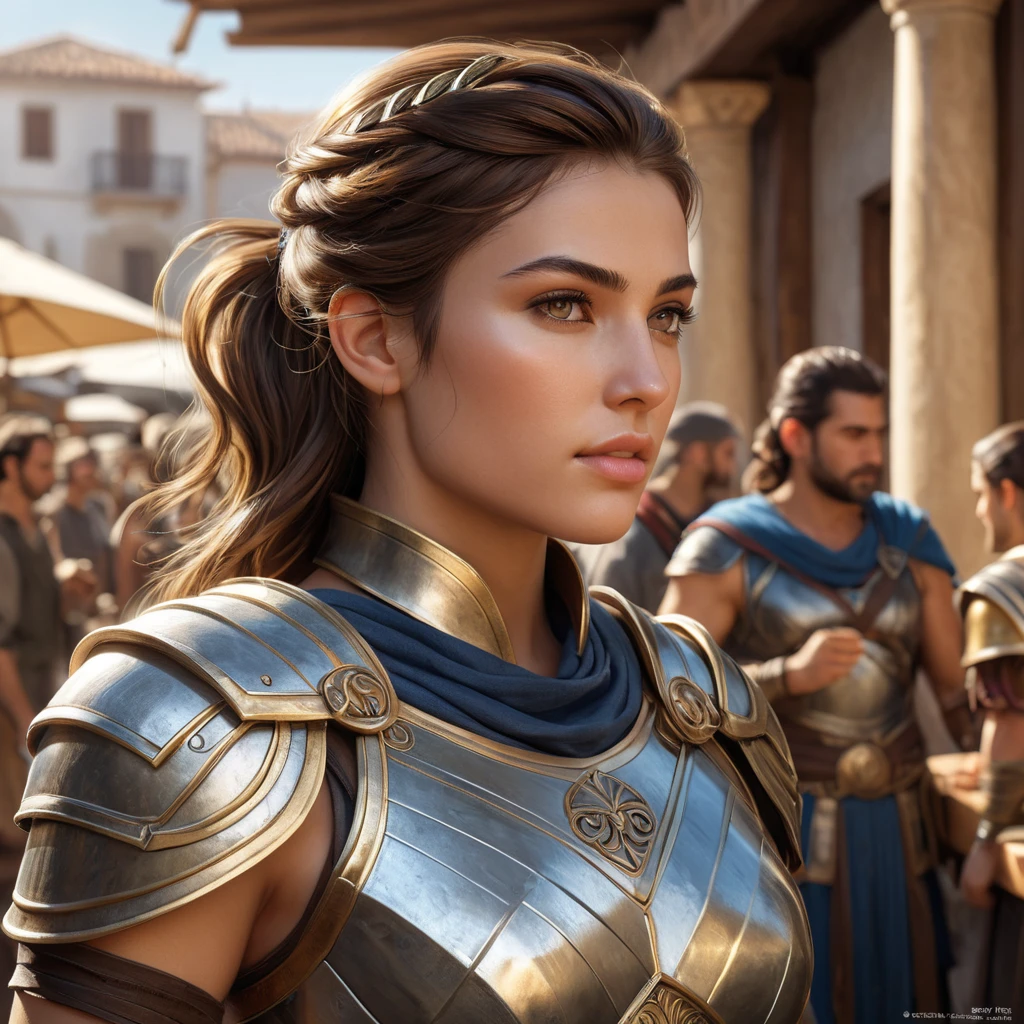 Kassandra in a bustling Greek marketplace, her armor glinting in the sunlight, interacting with various characters, showcasing her charismatic and warrior-like demeanor