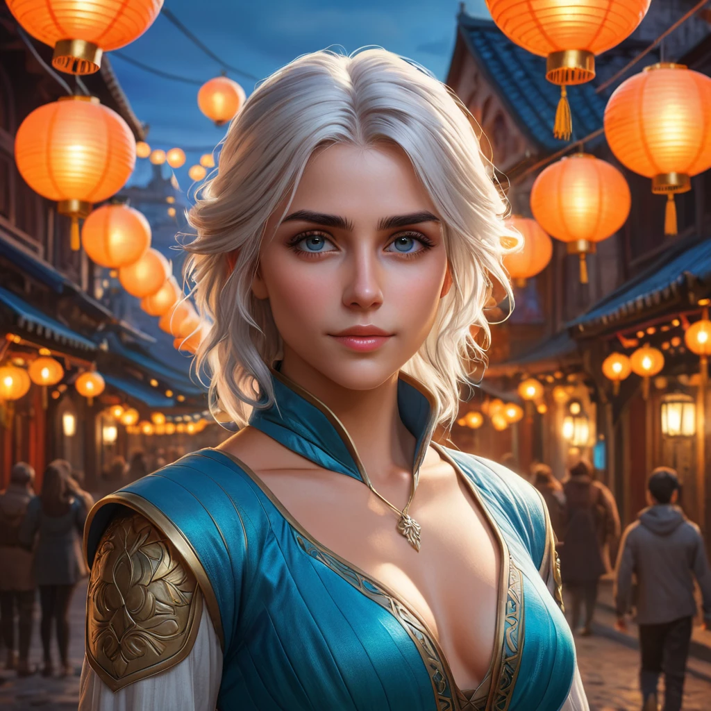 Ciri in a vibrant, magical city at dusk, surrounded by floating lanterns and bustling with mythical creatures, her eyes reflecting the city's lights