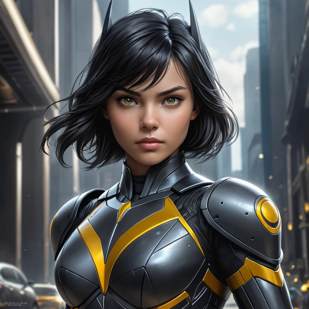 Cassandra Cain in a futuristic battle arena, her body clad in advanced armor, her eyes glowing with a fierce determination.