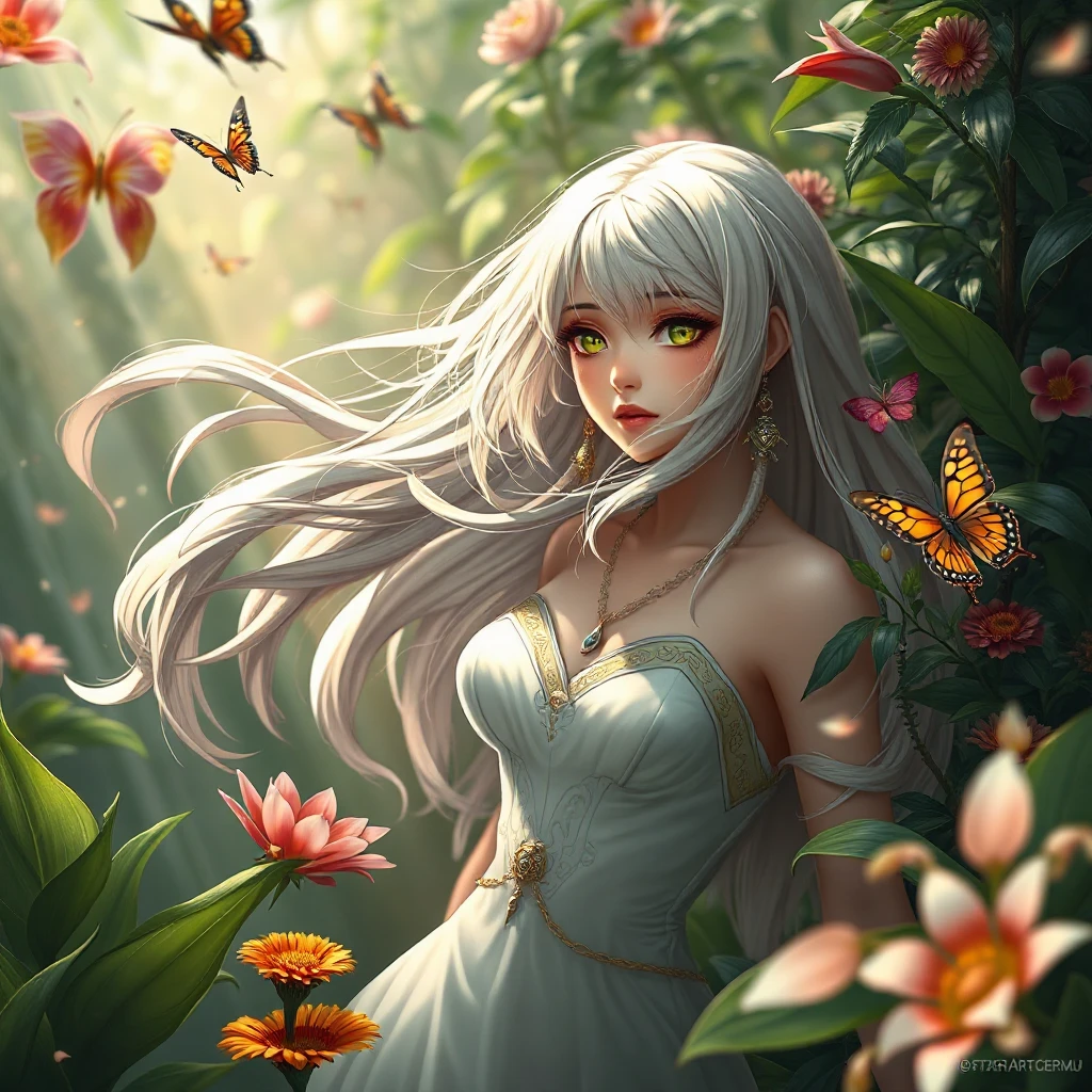 Ciri in a lush garden filled with exotic flowers and fluttering butterflies, her hair flowing gently in the breeze