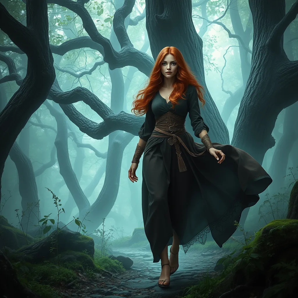 Triss in a misty, enchanted forest, her robes flowing as she walks among ancient trees, her eyes sparkling with magical knowledge