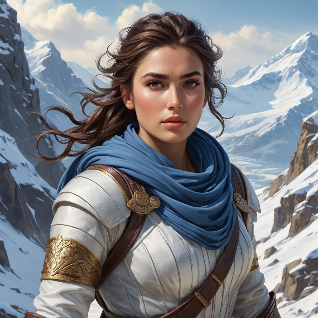 Kassandra in a snowy mountain landscape, her breath visible in the cold air, navigating through treacherous terrain, showcasing her resilience and survival skills