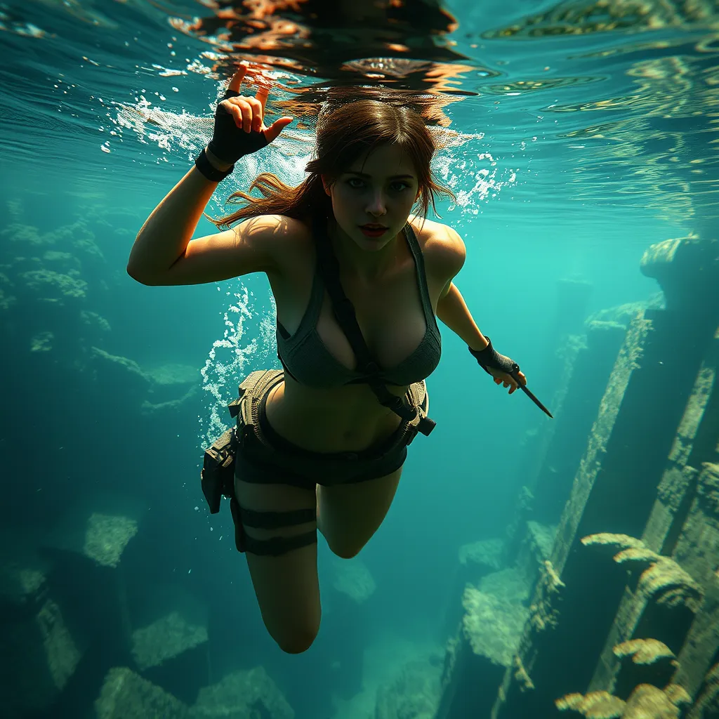 A cinematic shot of Lara Croft swimming underwater, her athletic form highlighted, exploring the submerged ruins of a lost city.