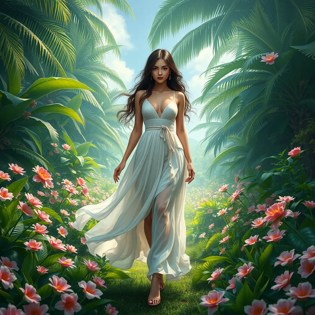 Yennefer in a lush, tropical paradise, her dress light and airy as she walks through a field of flowers