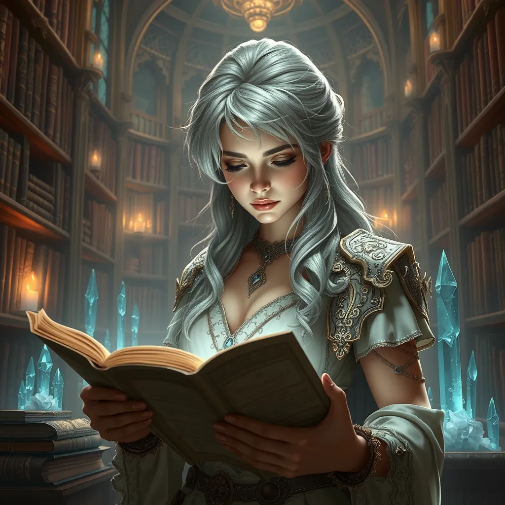 Ciri in a grand library filled with ancient tomes and glowing crystals, her expression focused as she reads an old manuscript