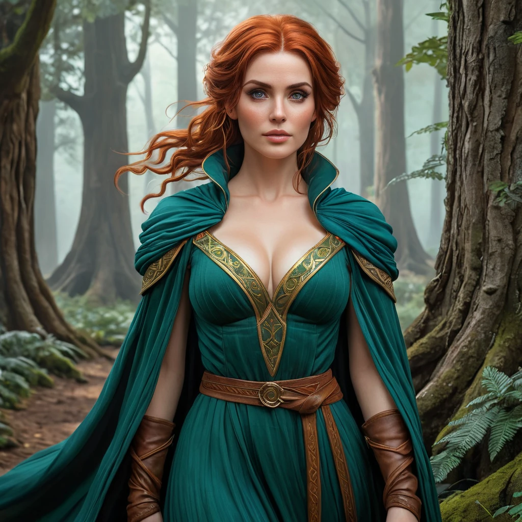 Triss in a misty, enchanted forest, her robes flowing as she walks among ancient trees, her eyes sparkling with magical knowledge