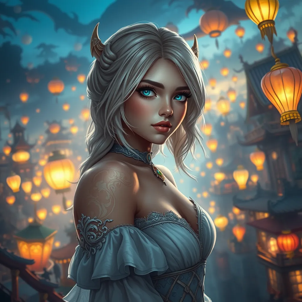 Ciri in a vibrant, magical city at dusk, surrounded by floating lanterns and bustling with mythical creatures, her eyes reflecting the city's lights