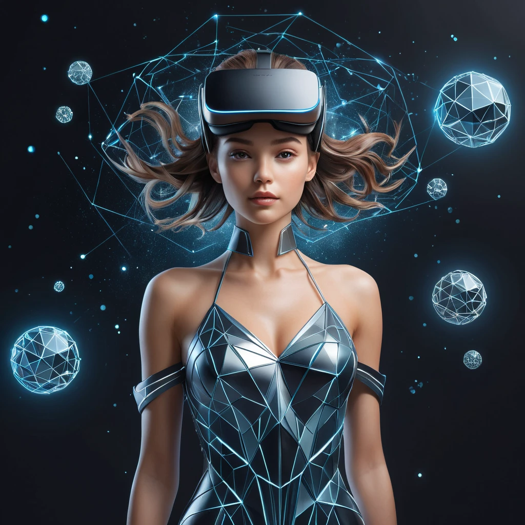 A2 in a virtual reality space, her form surrounded by floating geometric shapes and digital particles, symbolizing her connection to the digital world.