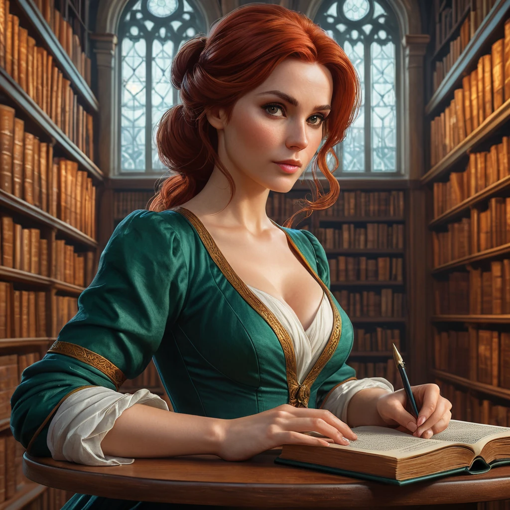 Triss in a grand, magical library, her fingers tracing the spines of old tomes, her expression one of deep concentration