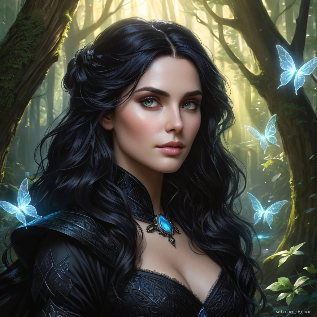 Yennefer in a mystical forest, surrounded by glowing fairies and ancient trees, her eyes reflecting the magical aura