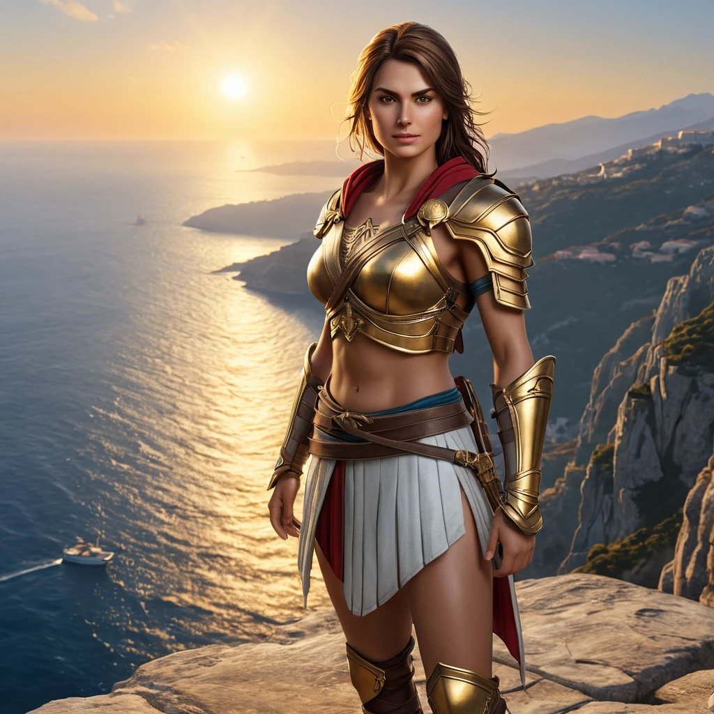 Kassandra from Assassin's Creed, standing atop a cliff overlooking the Aegean Sea, with the sun setting behind her, casting a golden glow on her armor and the waves below