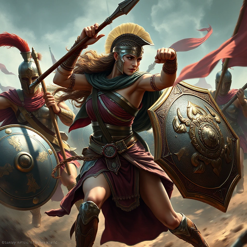 Kassandra in a dramatic battle scene, fighting against a group of Spartan soldiers, her spear and shield in action, emphasizing her skilled combat techniques