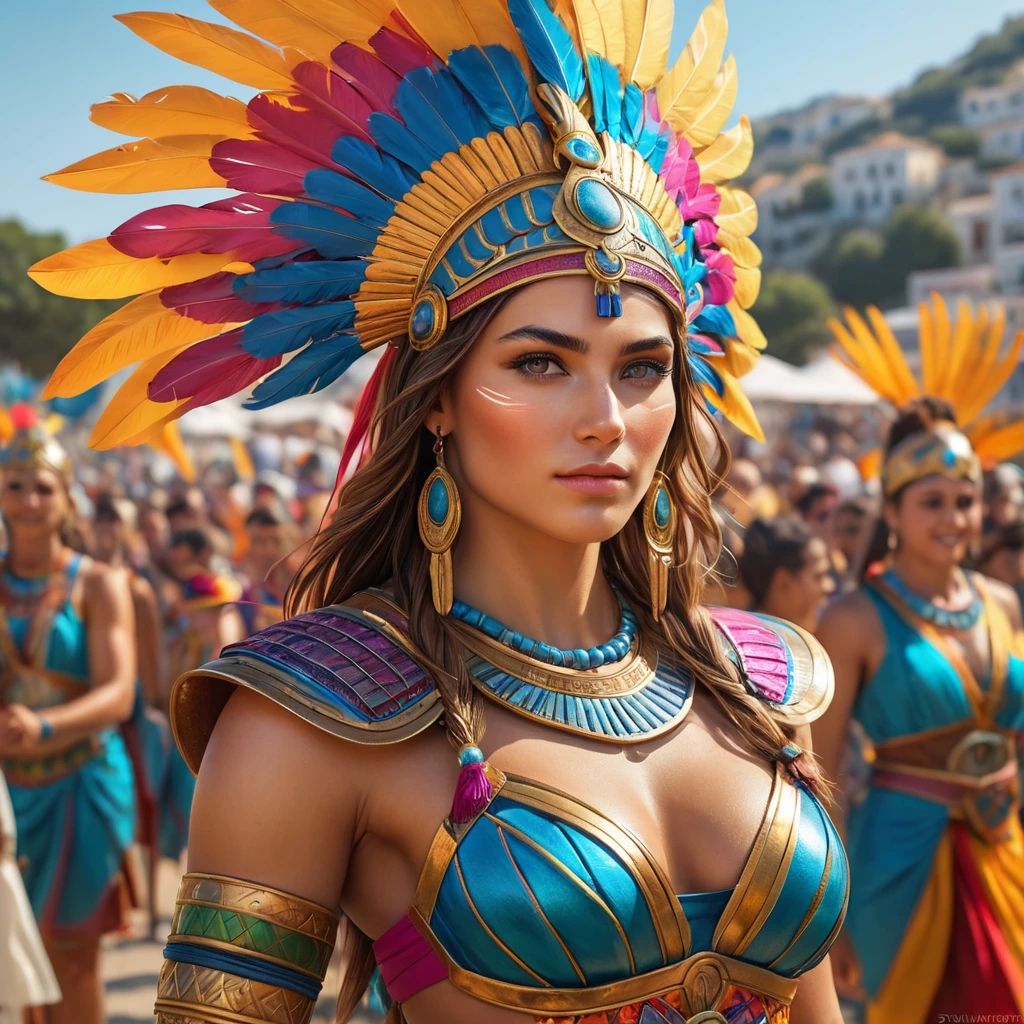 Kassandra in a vibrant, colorful festival in Greece, blending in with the joyous crowd, yet still maintaining her warrior's alertness