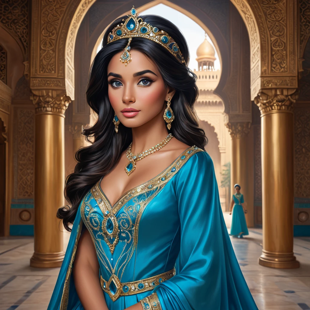 A regal portrait of Princess Jasmine, her eyes sparkling with curiosity and strength, dressed in her iconic blue gown, set against the opulent backdrop of the Sultan's palace.