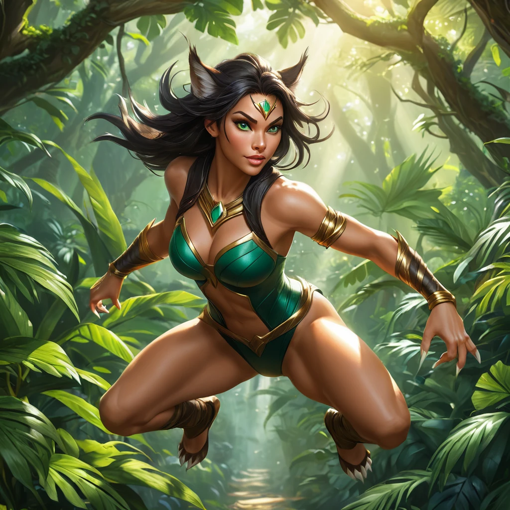 A dramatic scene of Nidalee leaping through the air, her transformation into a fierce jungle cat complete, with razor-sharp claws extended and eyes glowing with predatory intent, the background a blur of green foliage and sunlight.