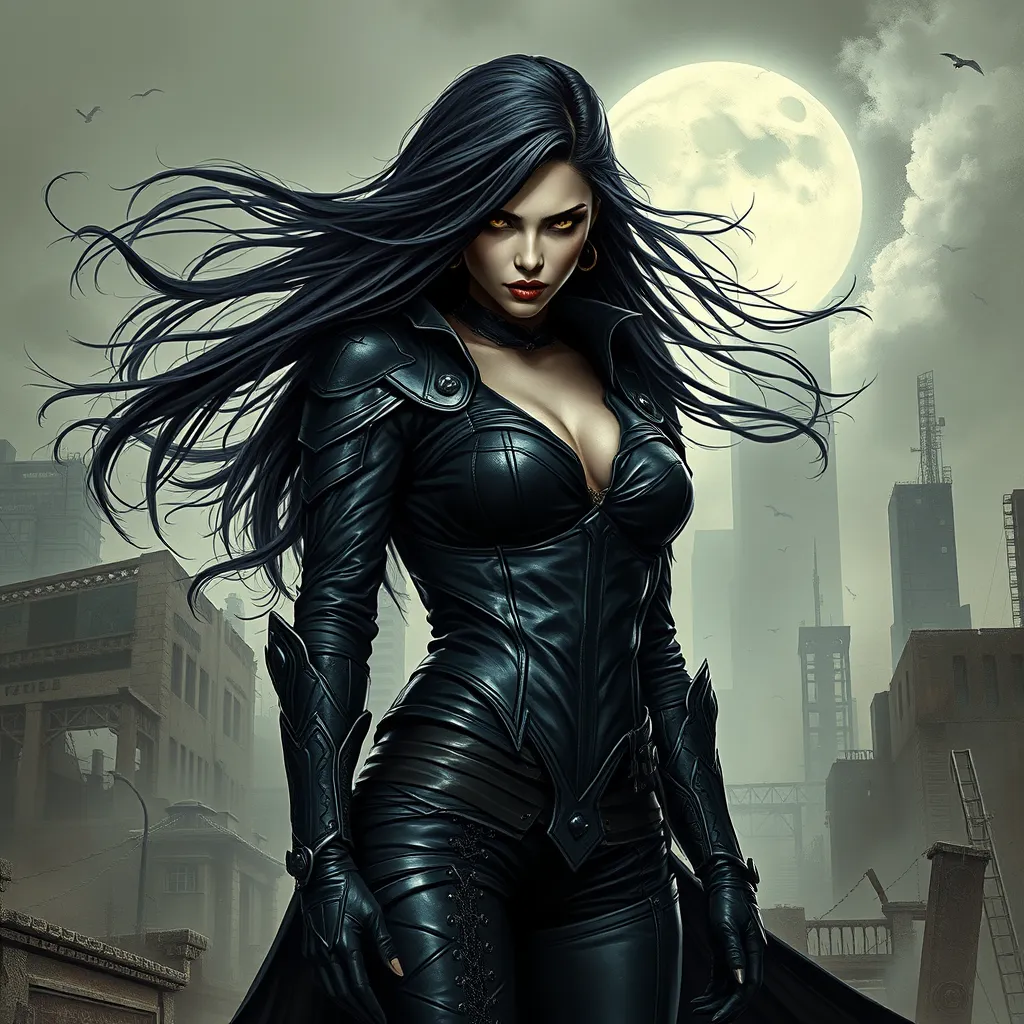 A fierce female vampire, clad in black leather armor, standing in a desolate, post-apocalyptic cityscape, her eyes piercing through the shadows, a gust of wind stirring her long, raven hair.