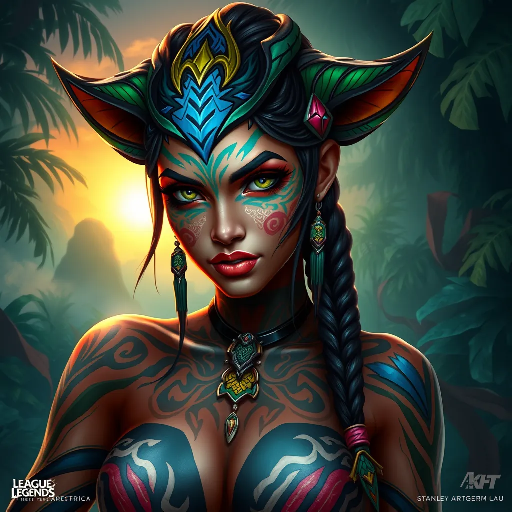 A stunning portrait of Nidalee from League of Legends, rendered in vibrant colors with intricate details of her tribal tattoos and the majestic jungle cat features, set against a backdrop of a lush, misty Amazon rainforest at dawn.