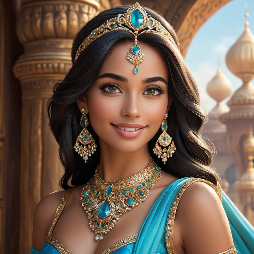 A close-up of Princess Jasmine's confident smile, adorned with intricate jewelry, her gaze directed towards the horizon, symbolizing her adventurous spirit.