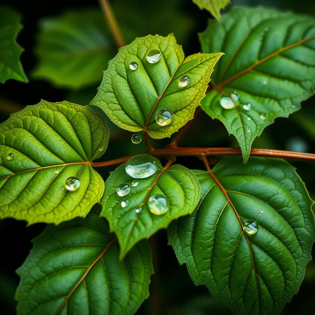 A close-up macro shot of Poison Ivy leaves, each leaf intricately detailed with a vibrant green hue and subtle veins, dew drops glistening on the surface under a soft morning light.