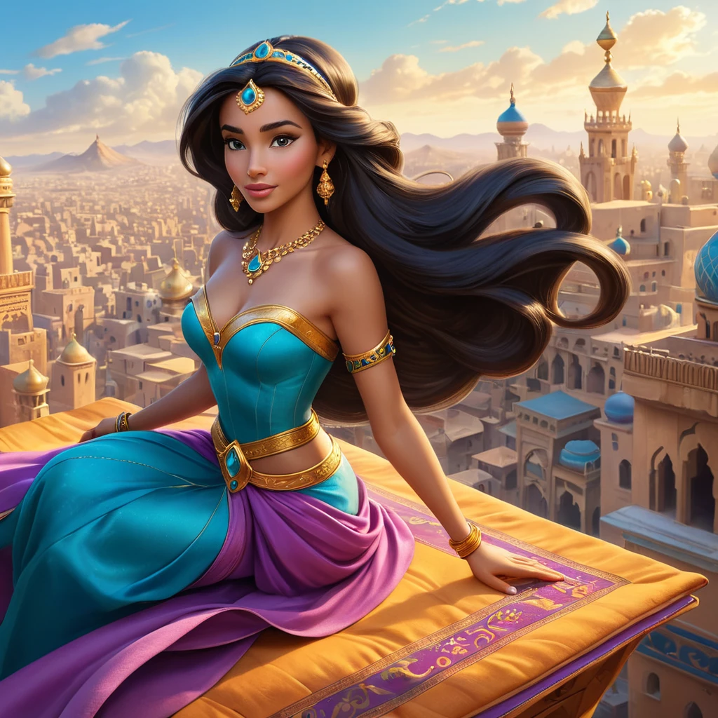 A vibrant scene of Princess Jasmine riding on a magic carpet, her hair flowing in the wind, with the bustling city of Agrabah spread out below her.