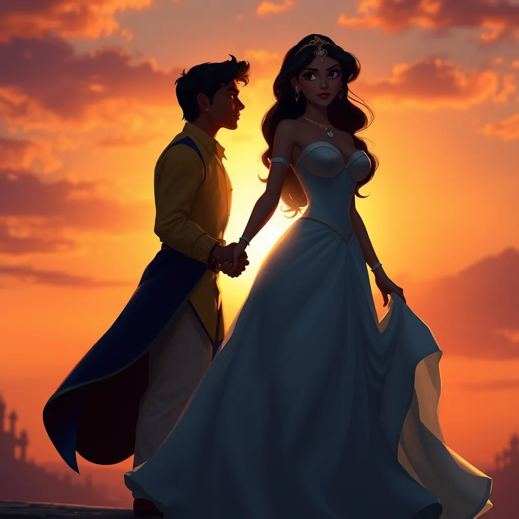 A romantic evening setting with Princess Jasmine and Aladdin, silhouetted against the sunset, Jasmine in a flowing gown, her hand held gently by Aladdin's.