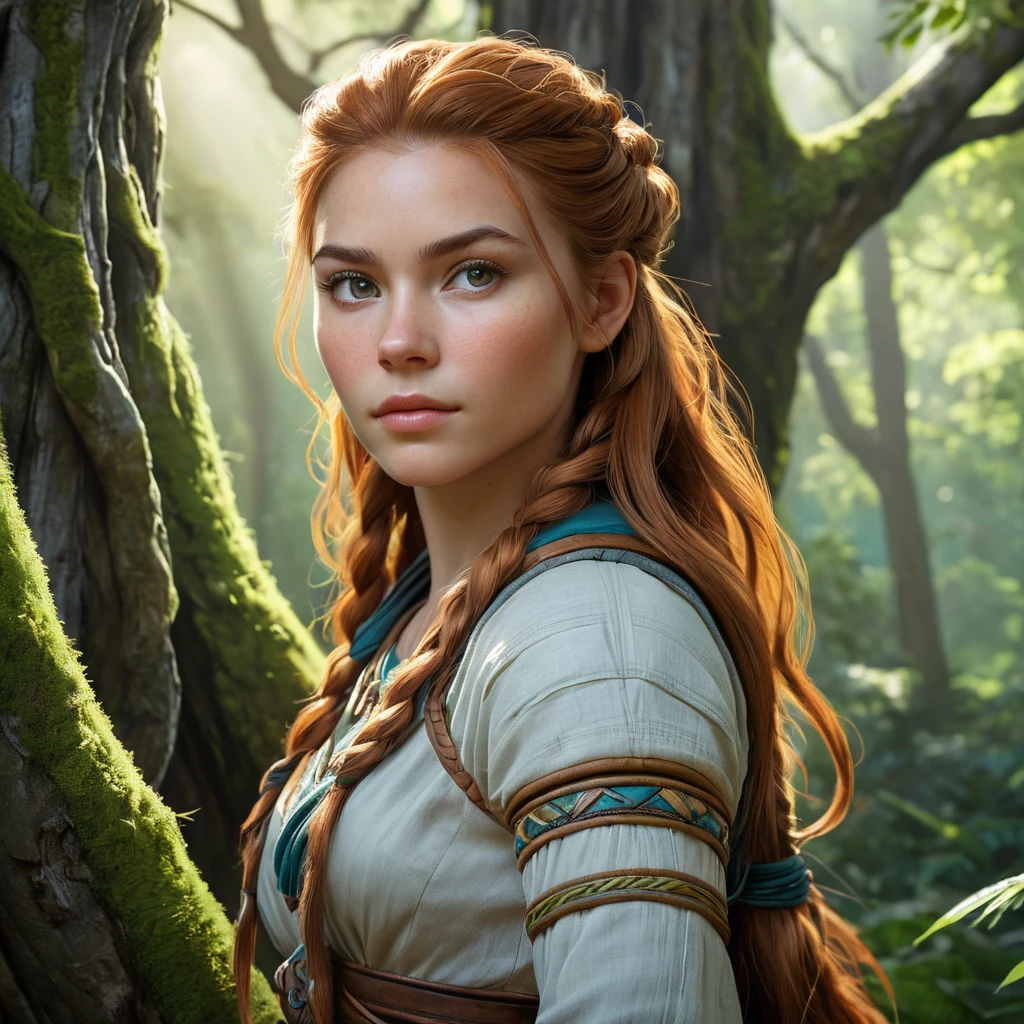 Aloy, in a lush, green valley, surrounded by towering, ancient trees, her face lit by the soft, diffused light of the forest, her pose relaxed yet ready, the environment serene and peaceful