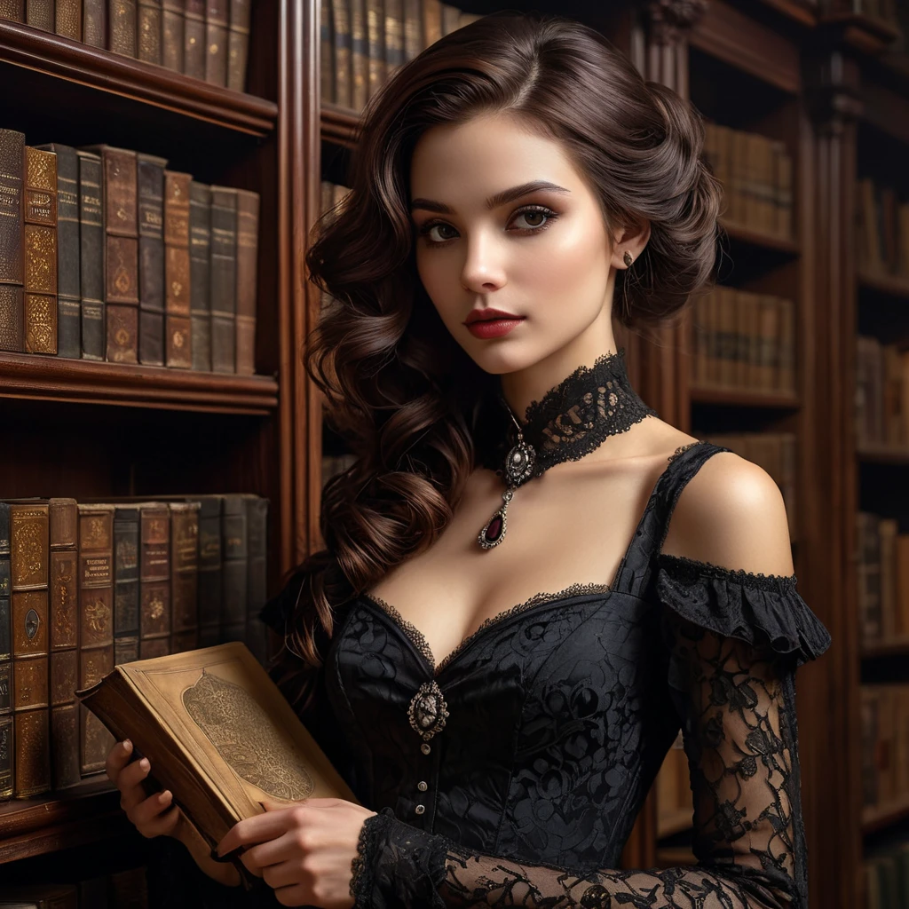 A seductive female vampire, her hair as dark as night, wearing a vintage lace dress, leaning against a grand, mahogany bookcase in a dimly lit, Victorian-era library, holding an ancient, leather-bound tome.