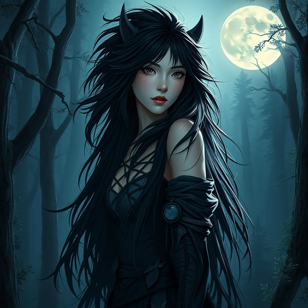 A stunning portrait of Princess Mononoke, with her wild, black hair flowing around her shoulders, set against a backdrop of dense, mystical forest, illuminated by moonlight.