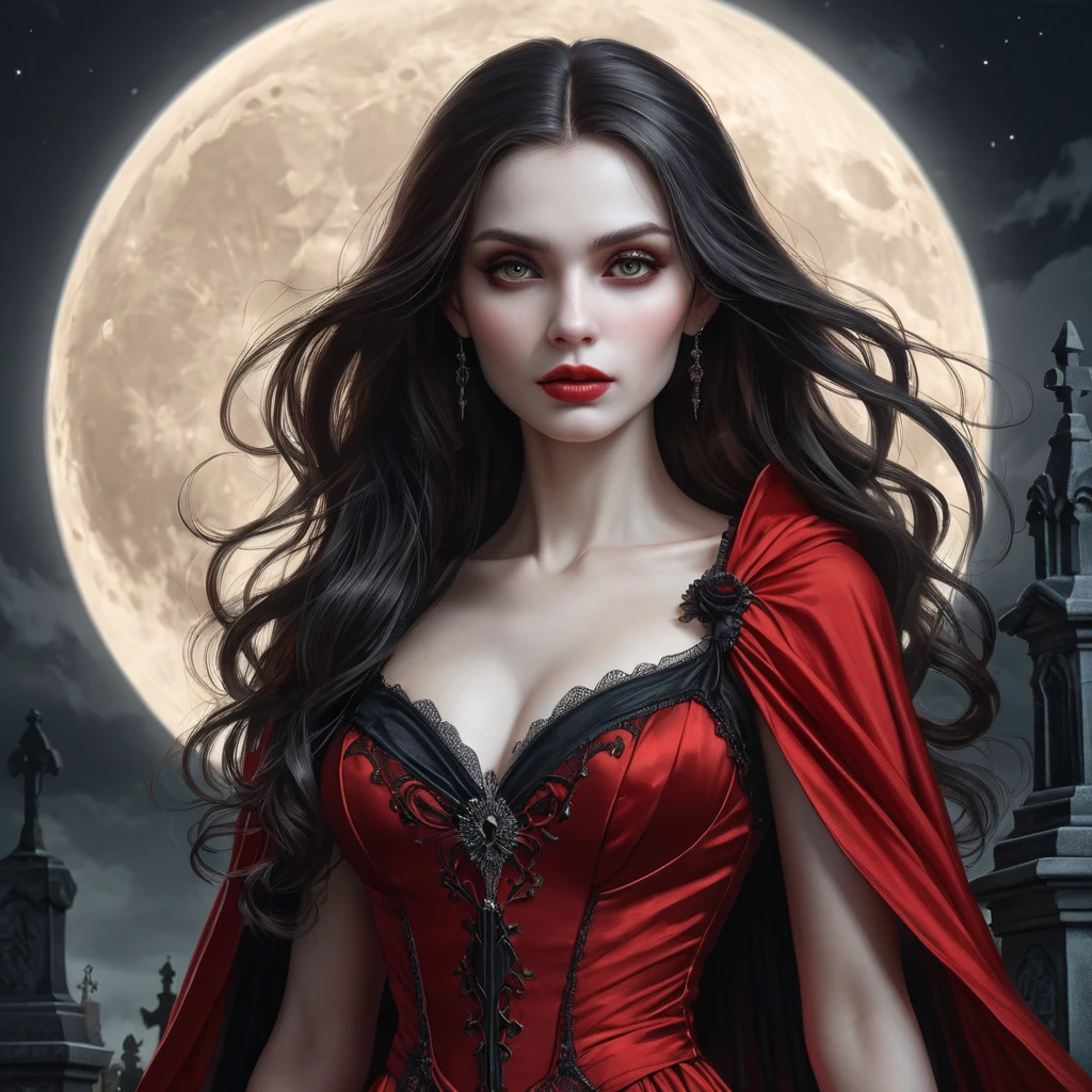 A stunning female vampire with alabaster skin, dressed in a flowing, blood-red gown, standing beneath a full moon in a gothic cemetery, her eyes glowing with an otherworldly light.