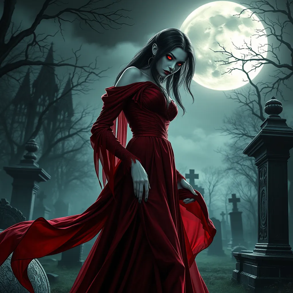 A stunning female vampire with alabaster skin, dressed in a flowing, blood-red gown, standing beneath a full moon in a gothic cemetery, her eyes glowing with an otherworldly light.