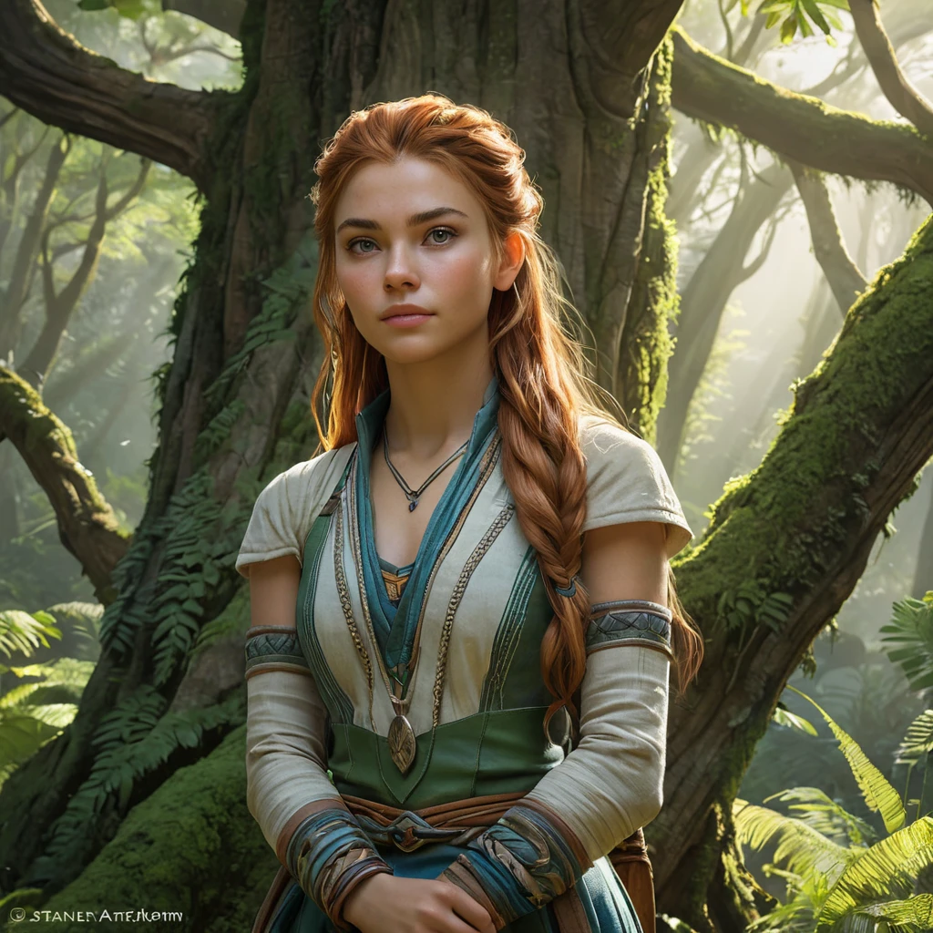 Aloy, in a lush, green valley, surrounded by towering, ancient trees, her face lit by the soft, diffused light of the forest, her pose relaxed yet ready, the environment serene and peaceful