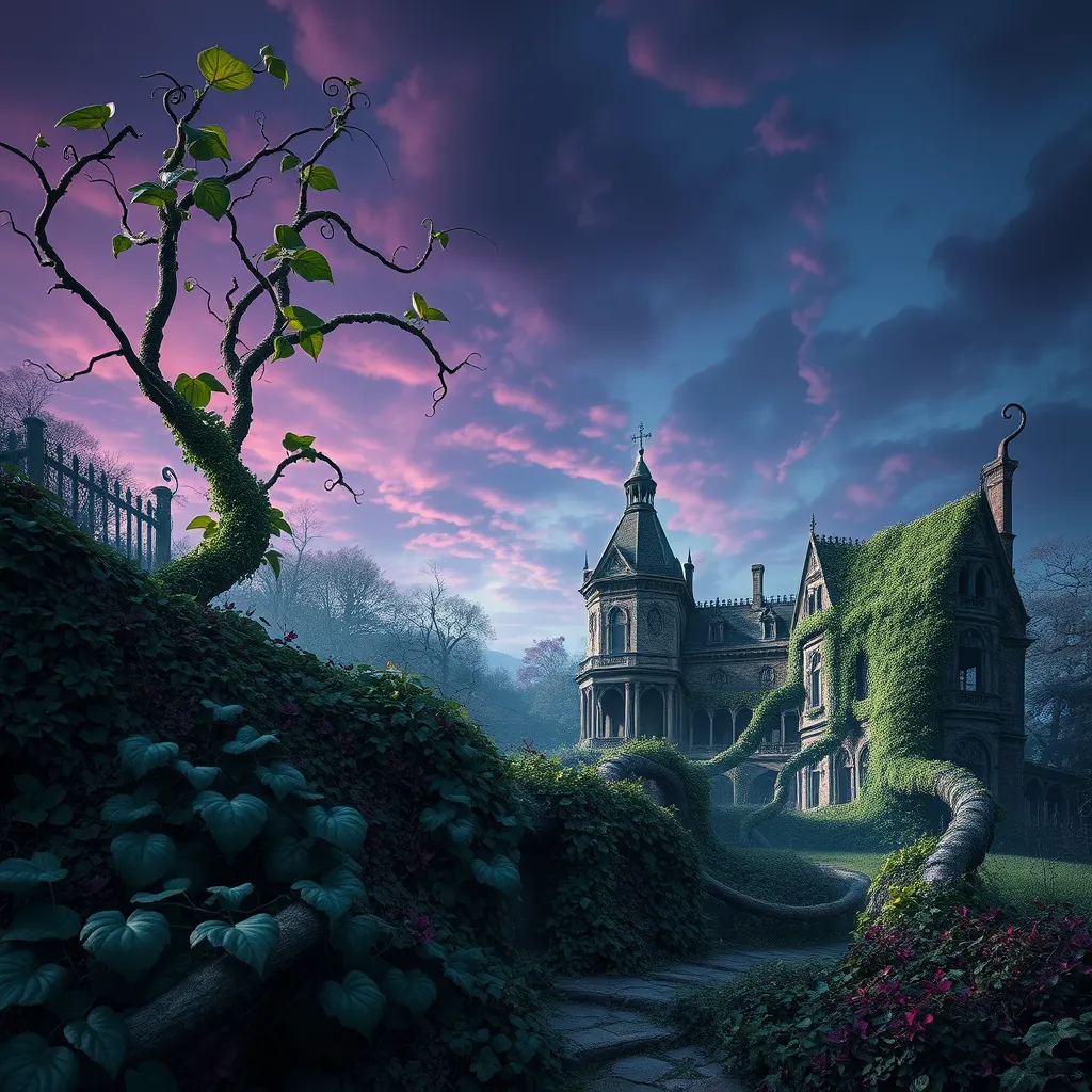 A surreal landscape where Poison Ivy vines twist and turn, creating a living tapestry against a backdrop of a crumbling Gothic mansion, the sky painted with hues of deep purple and blue.