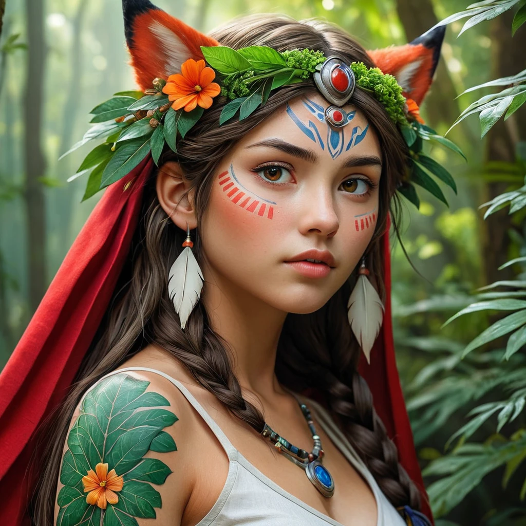 A close-up of Princess Mononoke's face, her features delicate yet strong, with intricate tattoos symbolizing her connection to nature, under a canopy of vibrant leaves.